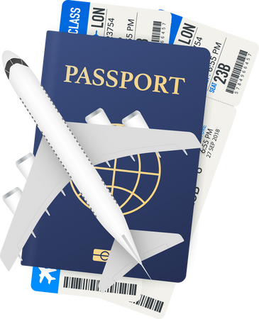 Passports, boarding passes and airplane