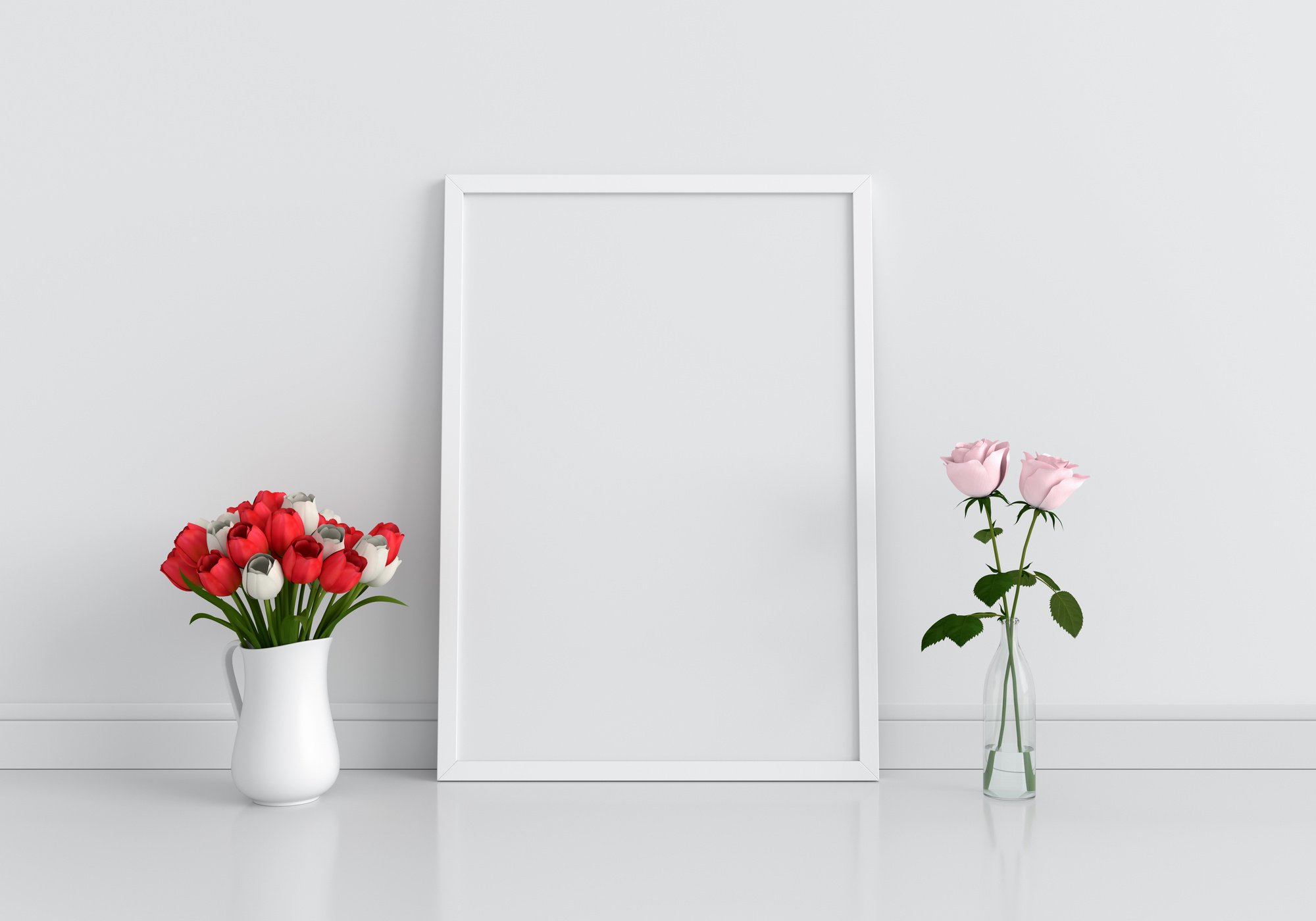 Blank photo frame for mockup and flower, 3D rendering